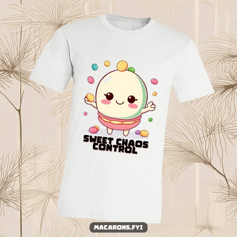 Funny macaron t-shirt of a character juggling colorful candies with a huge, joyful smile, pure fun.