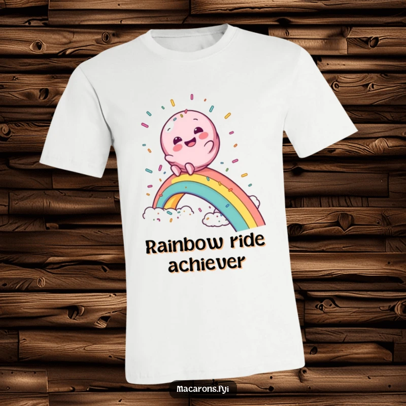Funny macaron t-shirt depicting a macaron character gleefully sliding down a rainbow into a sprinkle cloud.