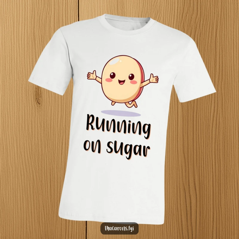 Funny macaron character depicted in a happy, arms-outstretched run on a t-shirt, radiating pure joy.