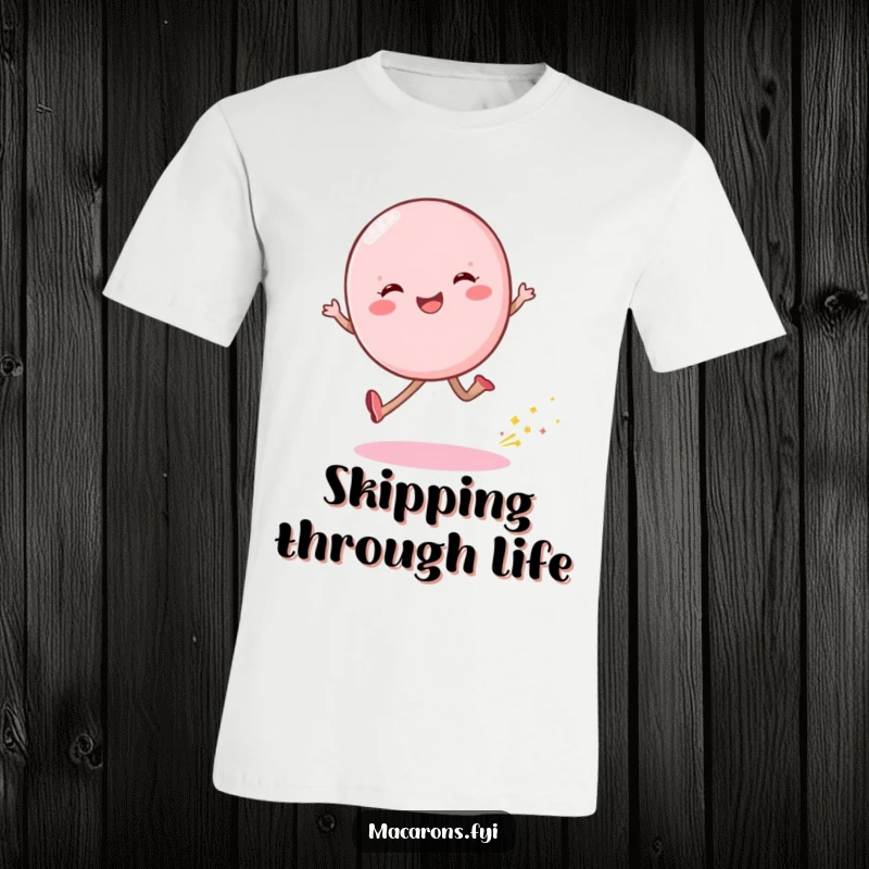 Funny macaron character in a joyful skip motion, with a visible trail of sparkling dust, printed on a comfortable tee.