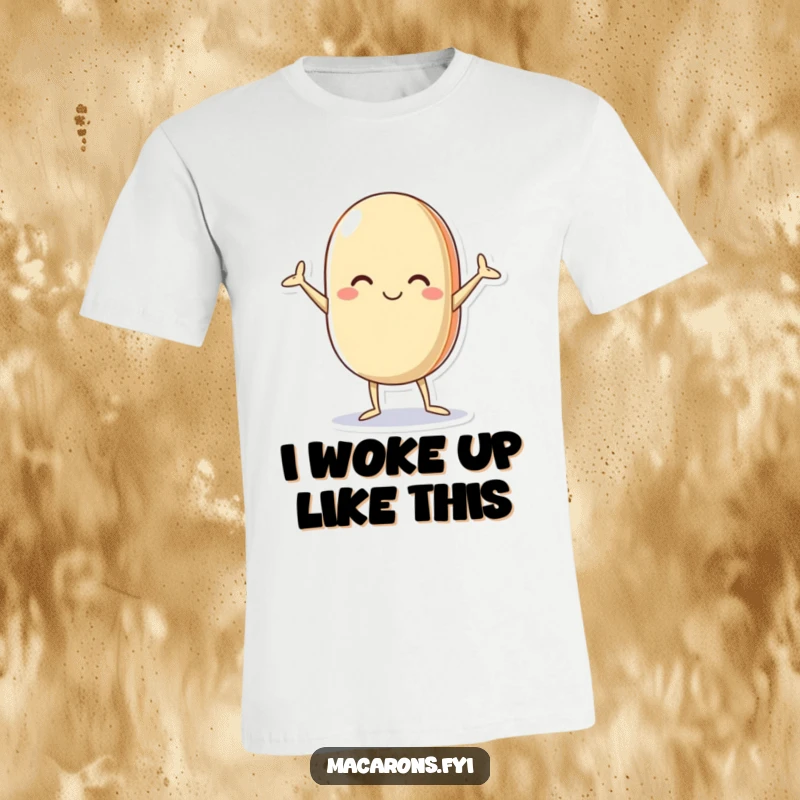 Funny macaron t-shirt featuring a joyful character with arms and legs akimbo in a hilariously silly pose, perfect for casual wear.