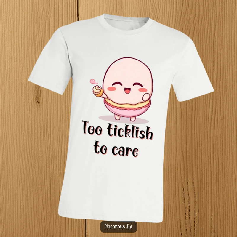 Funny macaron character giggling while being tickled by a frosting swirl, t-shirt print, great funny gift.