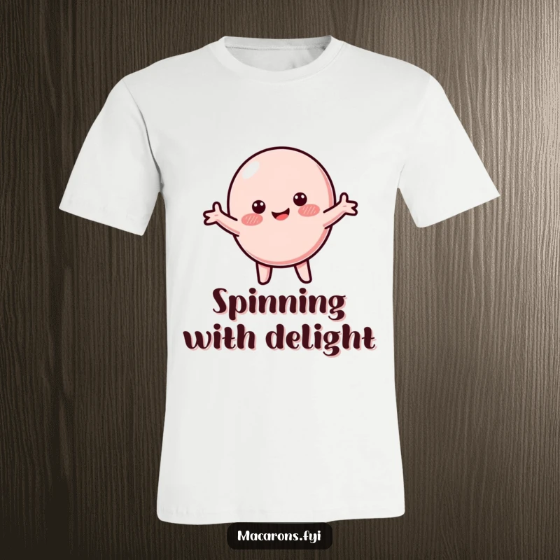 Funny macaron t-shirt depicting a blushing macaron character joyfully spinning with its arms spread wide.