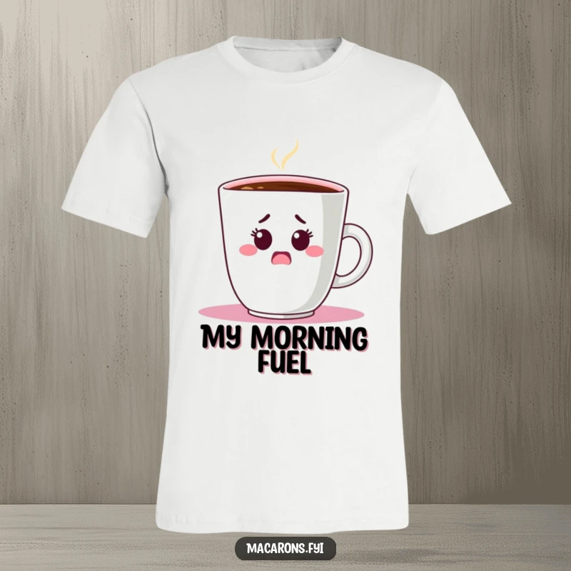 Funny T-Shirt: A startled macaron character peeks suspiciously from behind a colossal coffee cup, looking quite surprised.
