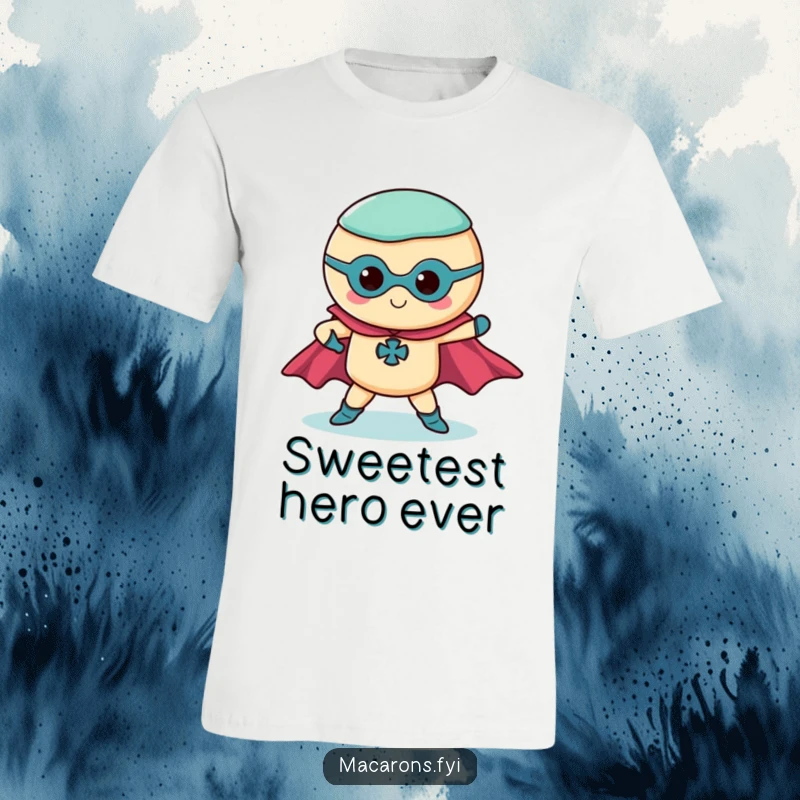 Funny superhero macaron t-shirt featuring a macaron in a dramatic pose with flowing capes, heroic apparel.