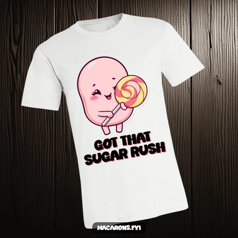Funny Kawaii macaron character winking and holding a massive lollipop, bursting with humor on this t-shirt.