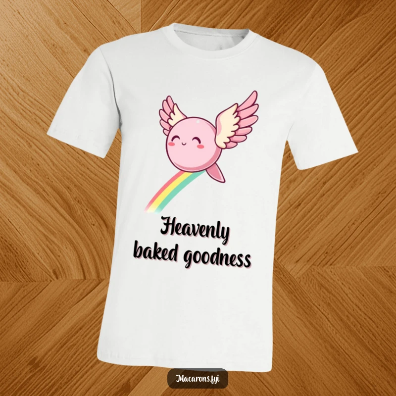 Funny T-Shirt: A delightful macaron character sports angelic wings, soaring through the sky and leaving a colorful rainbow trail.