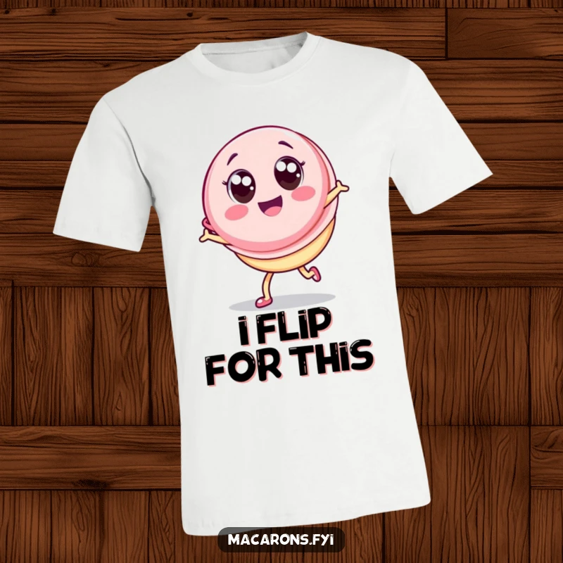 Funny Macaron T-Shirt: Cute Kawaii macaron character with big eyes performing a joyful cartwheel in celebration, bursting with happiness.