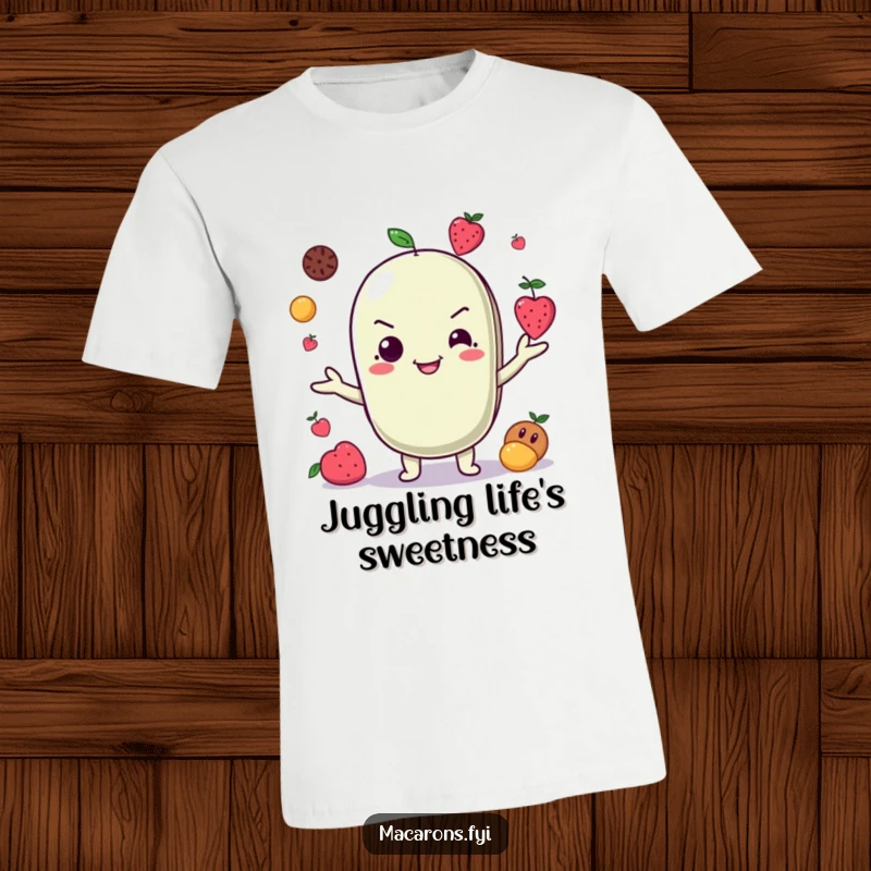 Funny T-Shirt: A grinning macaron character juggles multiple small fruits with impressive coordination, showing off its playful nature.