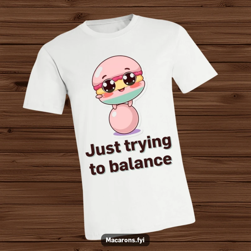 Funny macaron character comically attempting to balance on a small sphere, looking a bit precarious on a t-shirt.