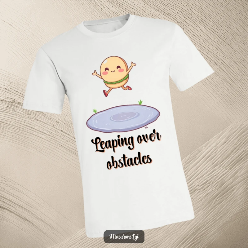 Funny t-shirt with a single macaron character leaping joyfully over a tiny puddle, showcasing energetic optimism.