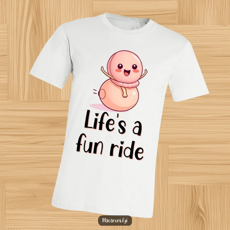Funny peppy macaron character enthusiastically riding a small, bouncy ball, printed on a comfortable t-shirt for dynamic style.