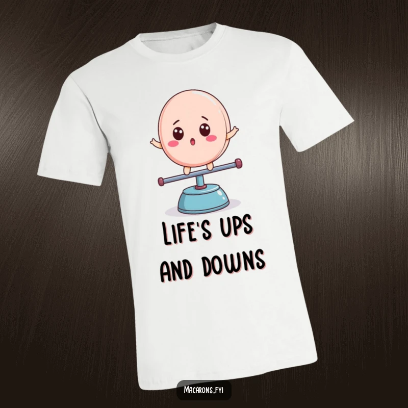 Funny macaron character, surprised expression, balancing on a teeter-totter, t-shirt print, great funny gift.