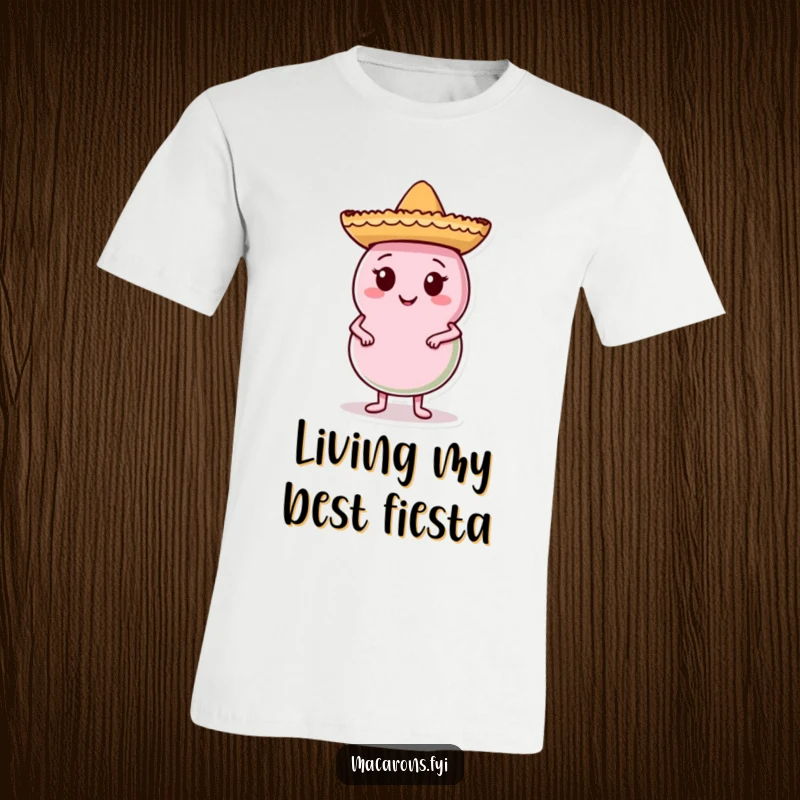 Funny Macaron T-Shirt featuring a macaron wearing a small sombrero, striking a confident pose, ideal for casual wear and a guaranteed laugh.