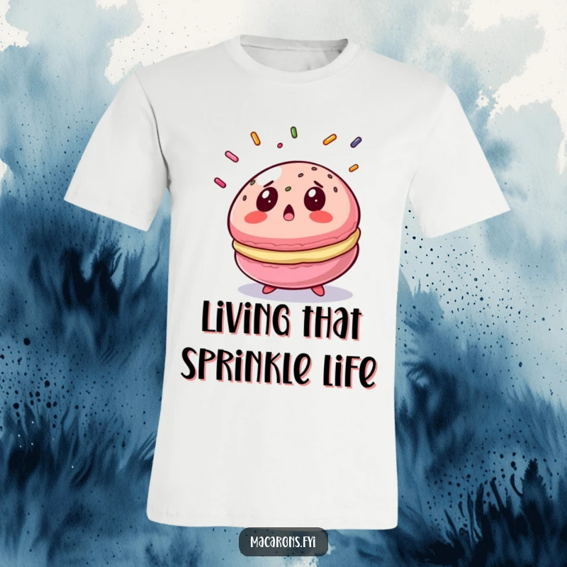 Funny macaron t-shirt featuring a colorful macaron with a surprised gasp at falling sprinkles, a humorous apparel gift.