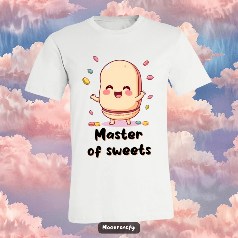 Funny T-Shirt with a macaron character expertly juggling colorful candies, expressing pure joy and a knack for sweet tricks.