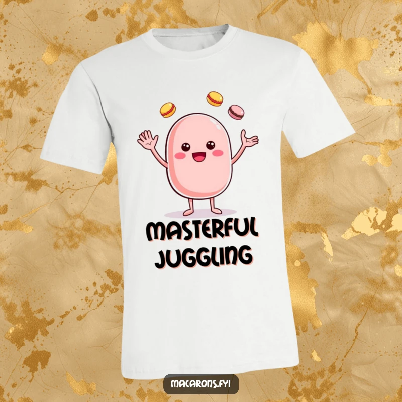 Funny cheerful macaron character juggling colorful macarons, printed on a fun and comfortable t-shirt.
