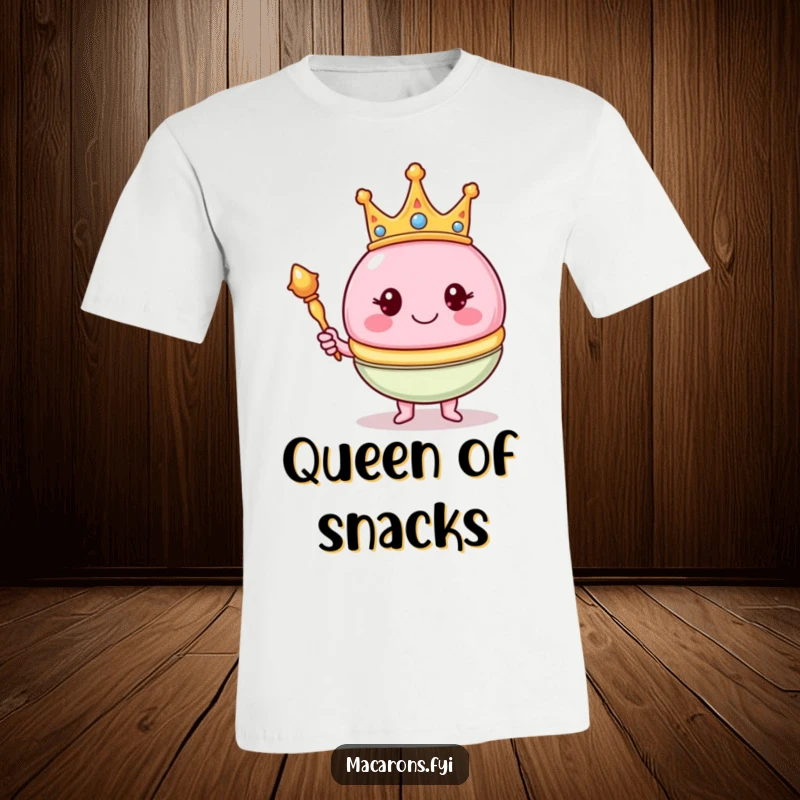Funny macaron character wearing a crown and holding a scepter, printed on a t-shirt, representing sweet authority.