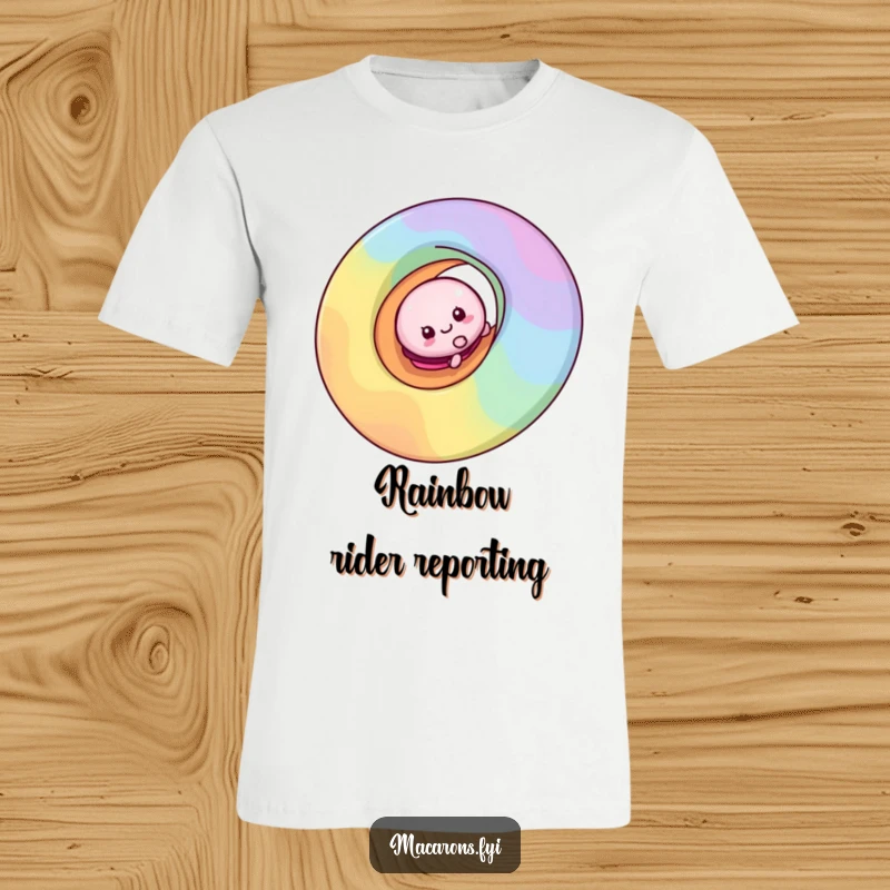 Funny macaron character in mid-slide down a psychedelic rainbow swirl on a comfortable t-shirt, embodying pure fun.