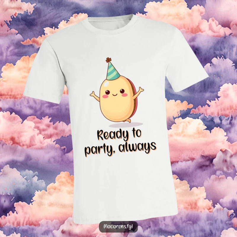 Funny macaron character wearing a tiny party hat, captured mid-jump with infectious cheer, printed on a comfortable t-shirt.