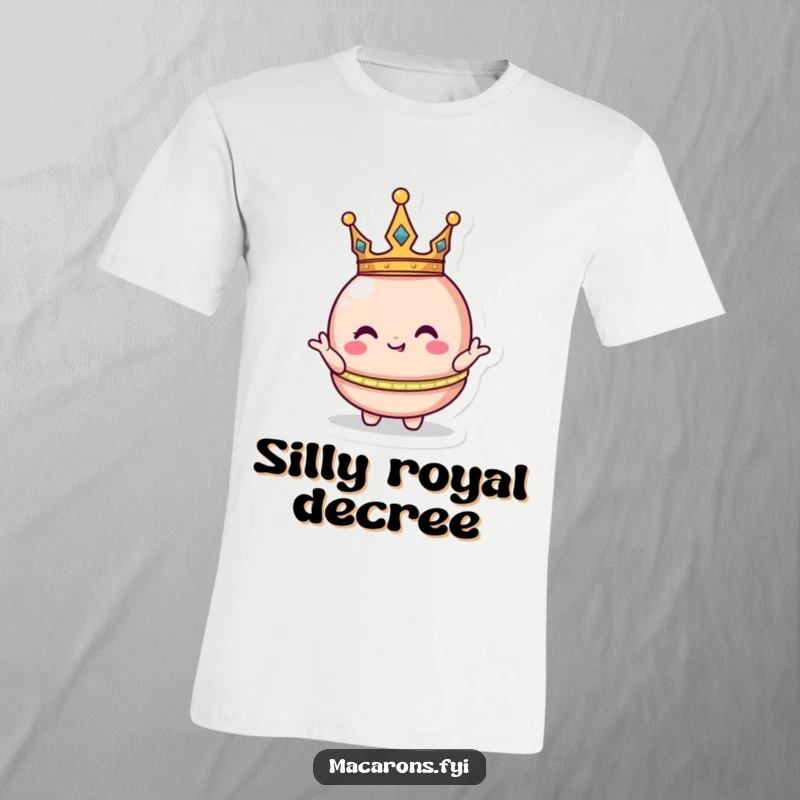 Funny macaron character adorned with a tiny crown, posing regally but comically on a t-shirt, exuding playful grandeur.