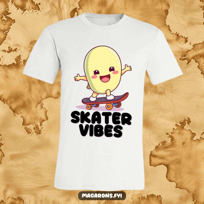 Funny macaron character on a skateboard, mid-trick with a big smile, printed on a t-shirt.