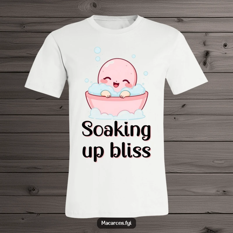 A happy macaron character is relaxing and smiling in a tub full of bubbles on a t-shirt.