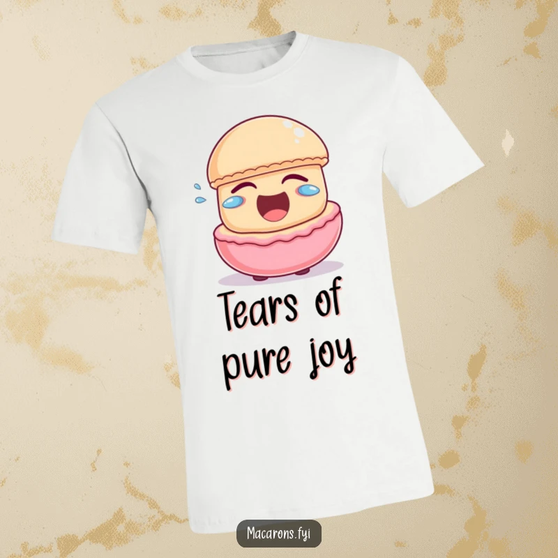 Funny macaron character laughing heartily with little joyful tears escaping, printed on a comfortable t-shirt.