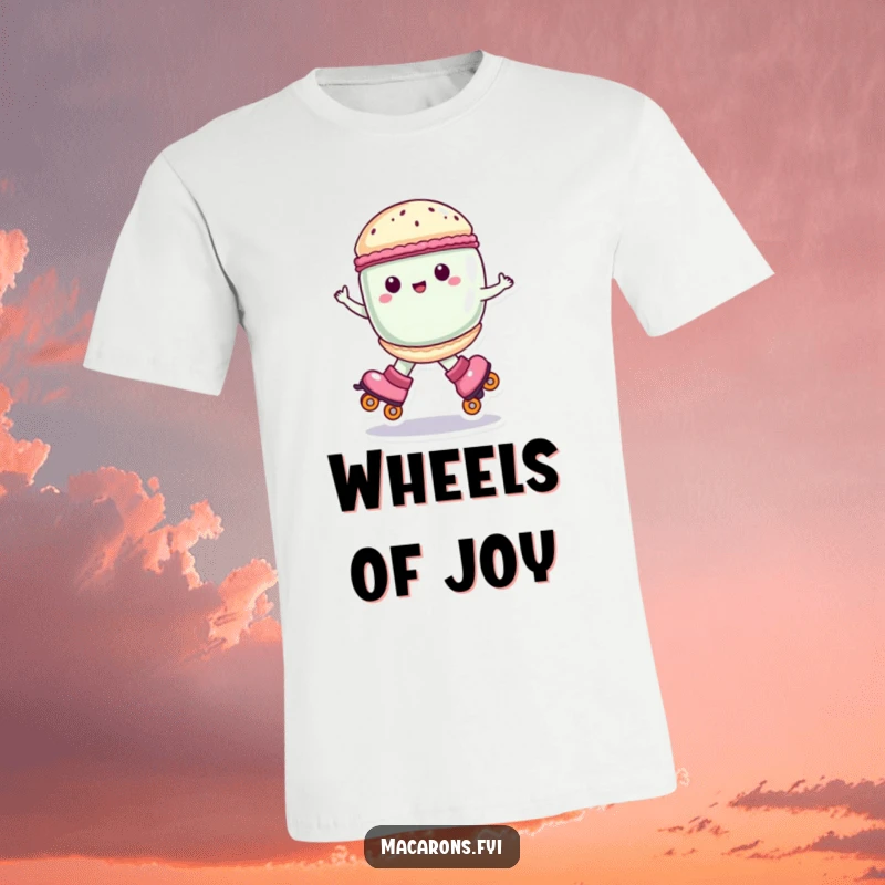 Funny macaron character with roller skates, spinning with joy, t-shirt print, great funny gift.