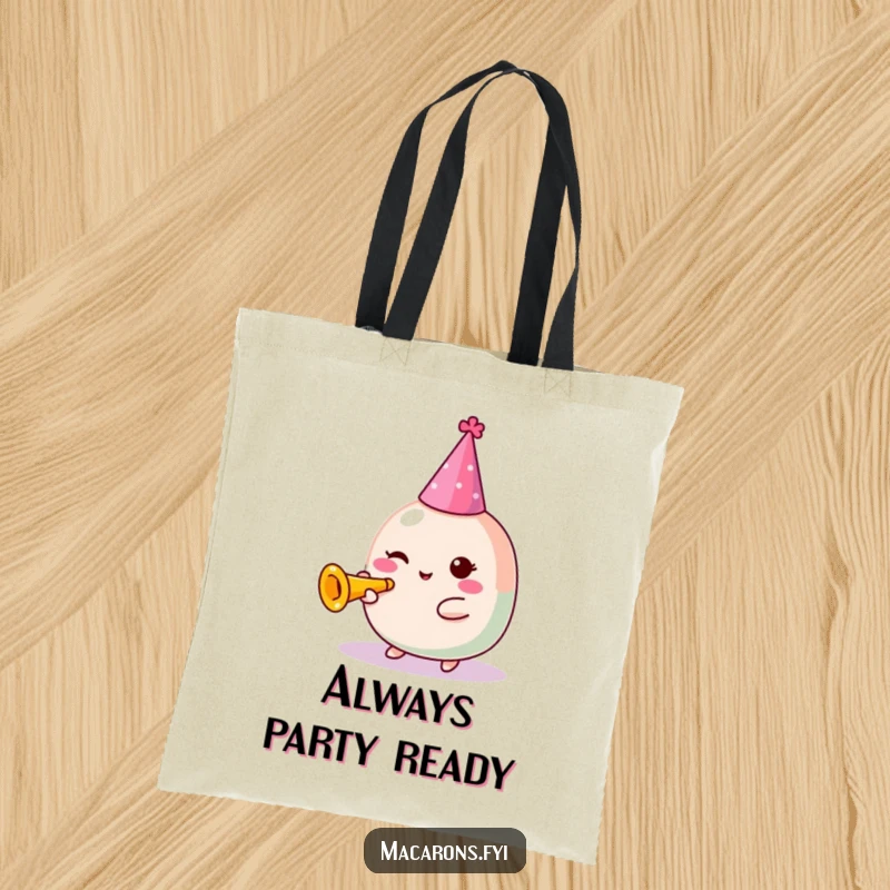Funny Macaron Tote Bag: Cute Kawaii macaron character in a party hat blowing a tiny trumpet, perfect for carrying party essentials.