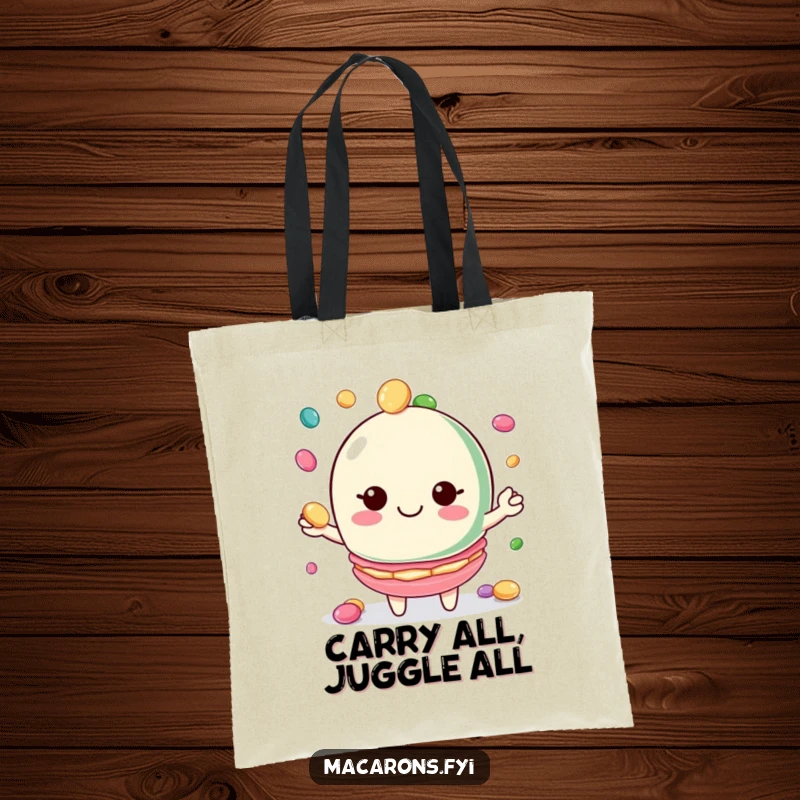 Funny macaron tote bag with a smiling macaron character juggling colorful candies, great for errands.