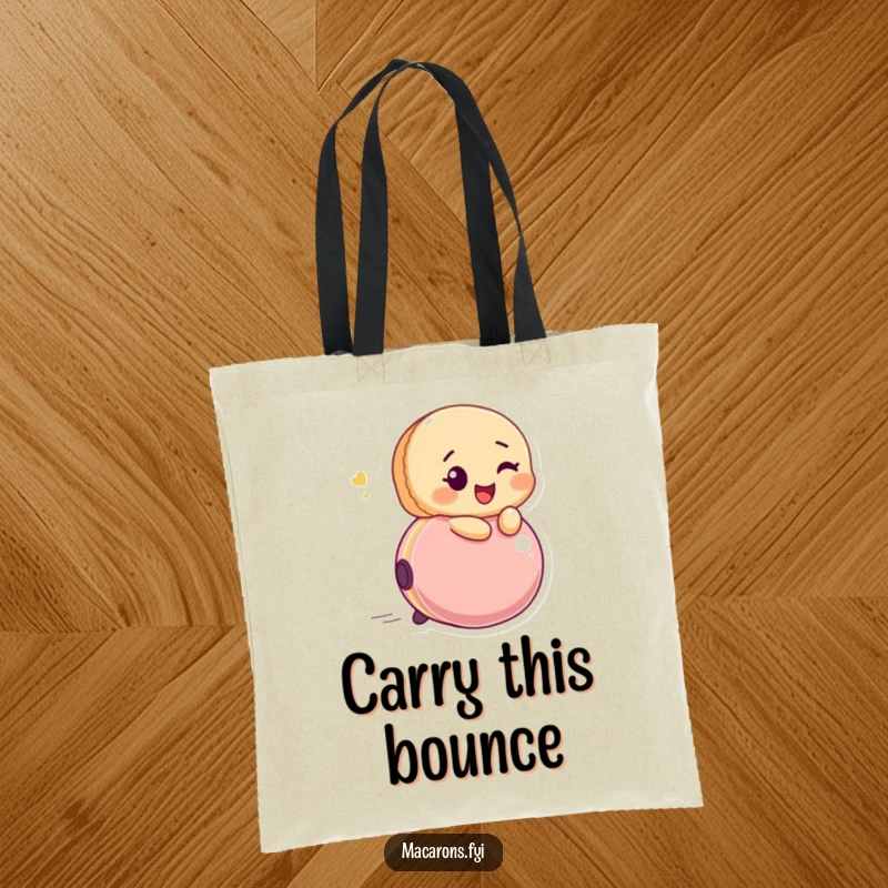 Funny macaron character winking and riding a bouncing ball with glee, on a practical and amusing tote bag.