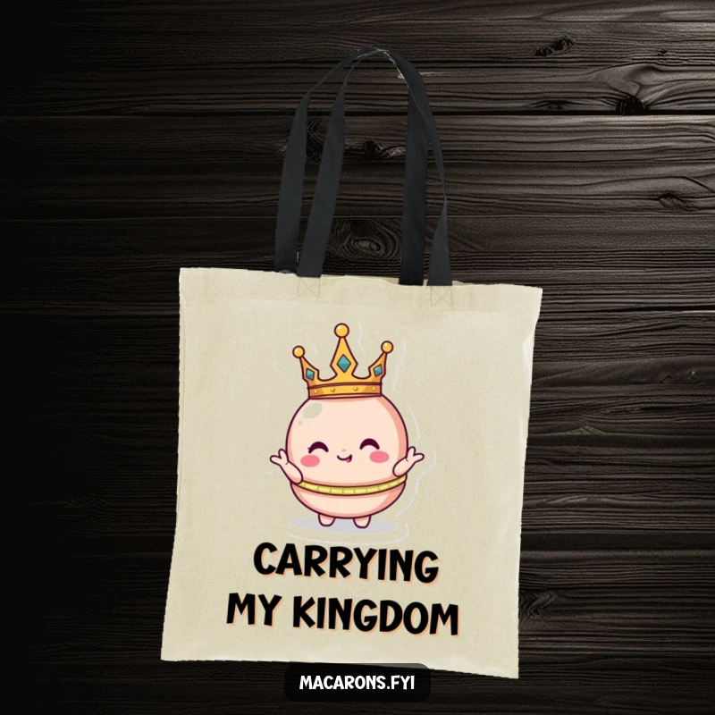 Funny macaron character with a tiny crown, striking a silly, regal pose on a durable tote bag for stylish errands.