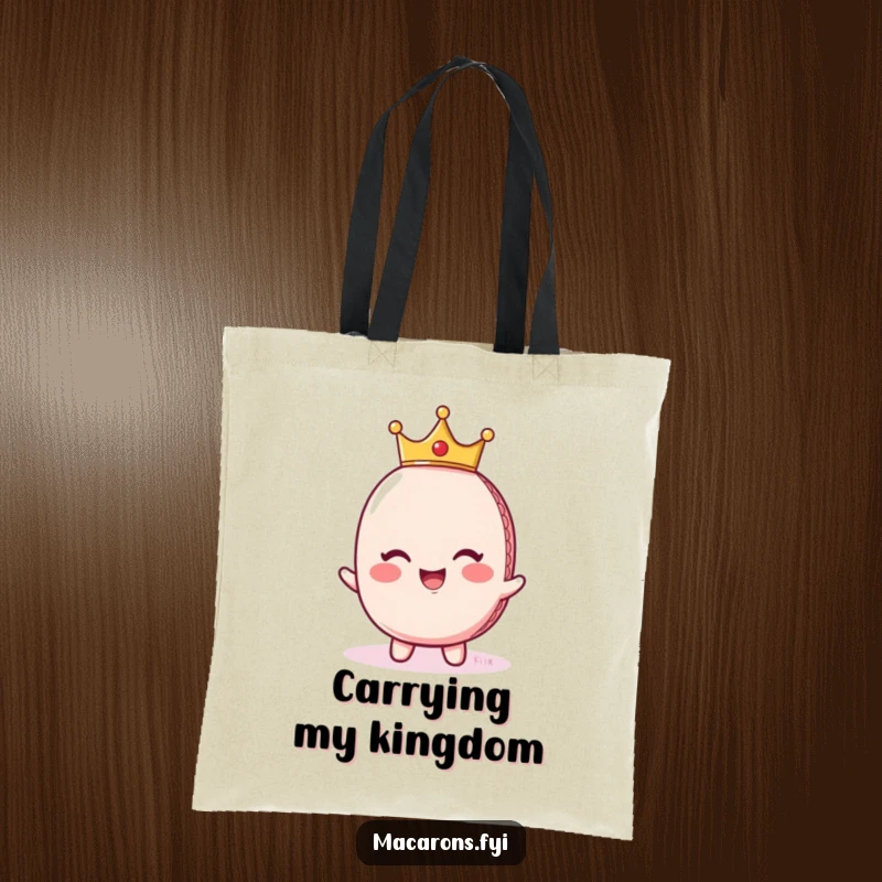 Funny giggling macaron character wearing a tiny crown, looking regal, printed on a durable tote bag for stylish carrying.