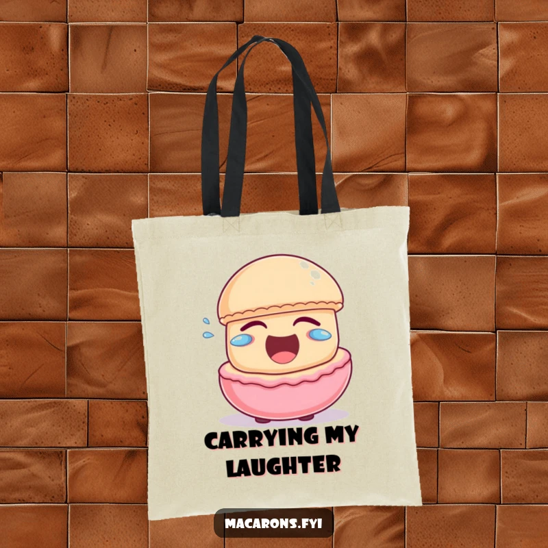 Funny macaron character laughing heartily with little joyful tears escaping, on a practical and fun tote bag.