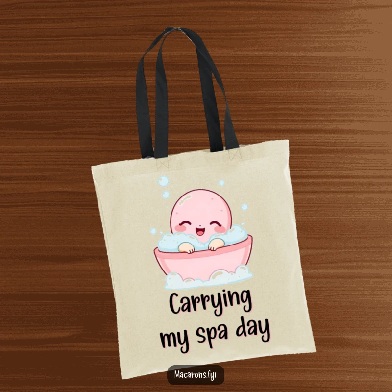 A happy macaron character is relaxing in a bubble bath on a cute and functional tote bag.