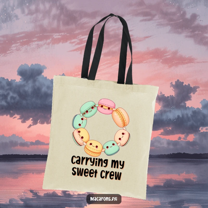 Funny Macaron Circle Tote Bag, stylish bag with cute macarons holding hands and spinning, perfect for carrying joy.