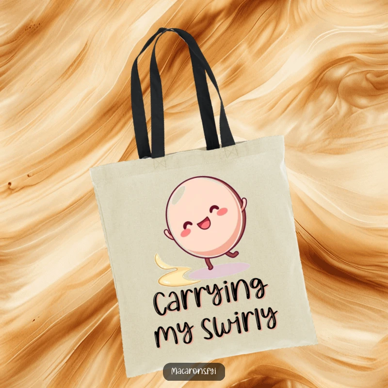 Funny macaron character doing a cartwheel, leaving a swirl of cream, on a practical and amusing tote bag for daily use.