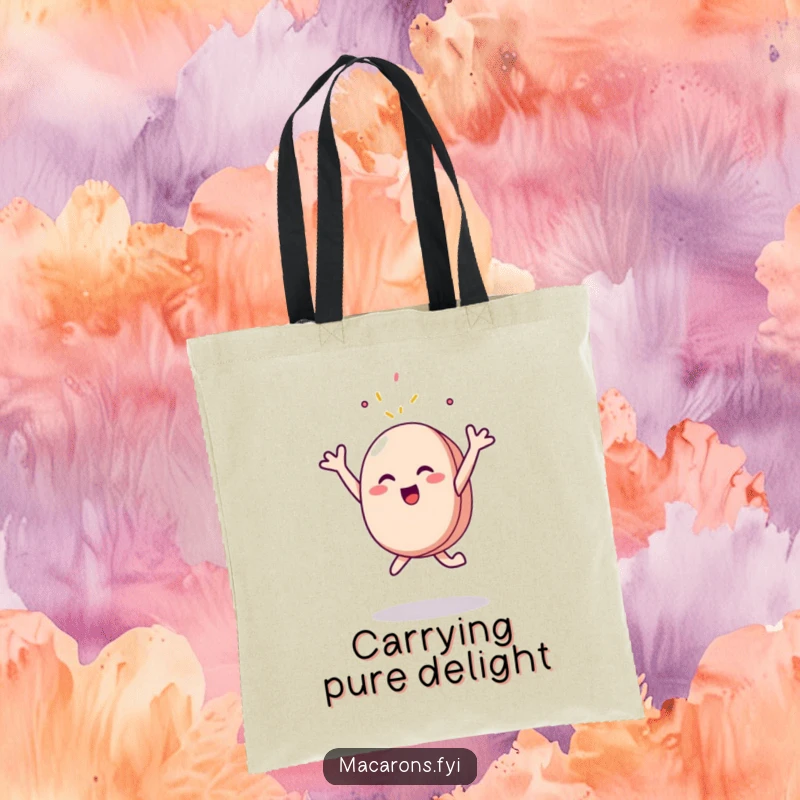 Funny Tote Bag: A happy macaron character joyfully leaps, arms outstretched towards a solitary falling sprinkle, perfect for carrying treats.