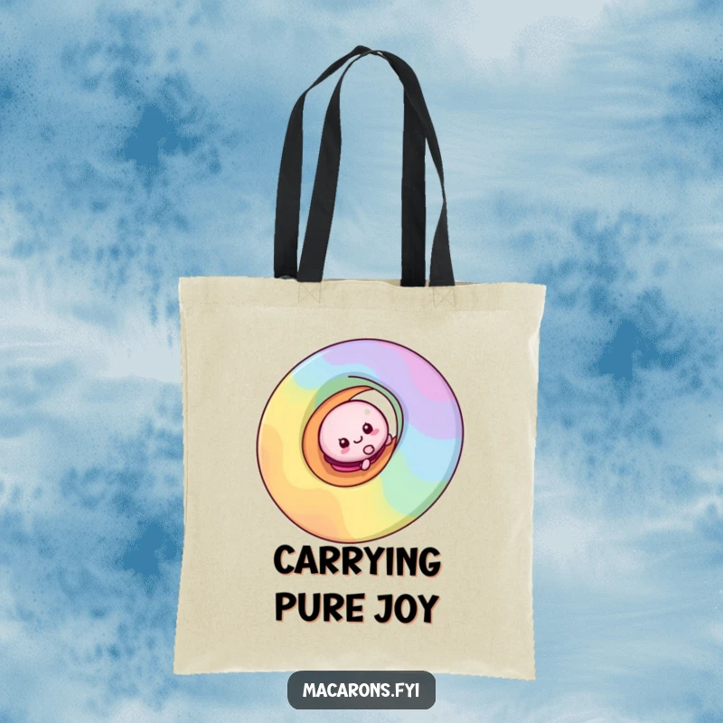 Funny macaron character gleefully sliding down a vibrant rainbow swirl on a durable tote bag, promoting joy.