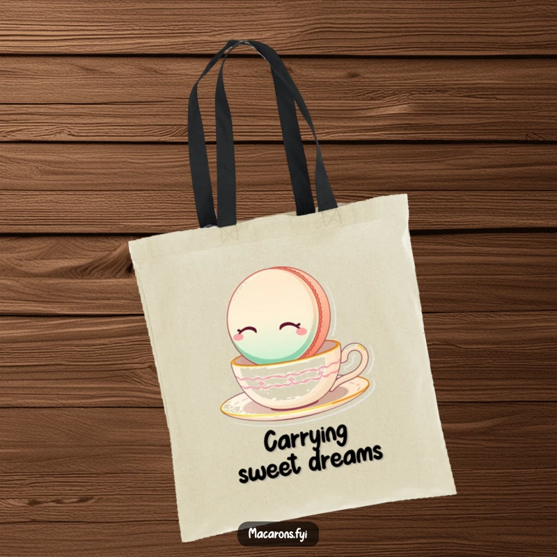 Funny Macaron Tote Bag showing a tranquil macaron blissfully floating on a teacup.