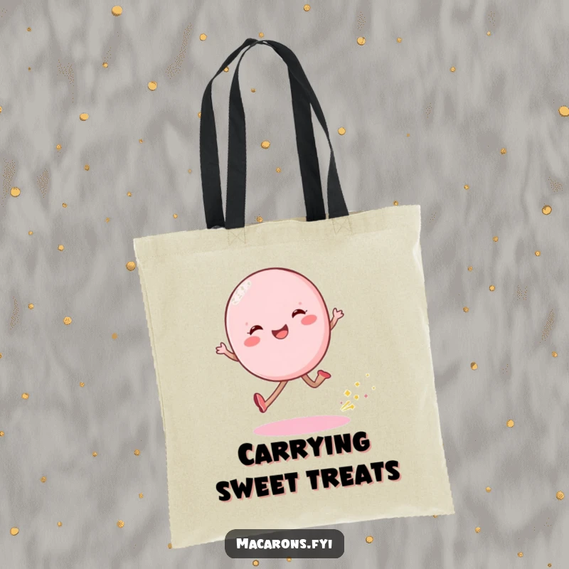 Funny macaron character skipping with a shimmering dust trail, printed on a reusable and stylish tote bag.