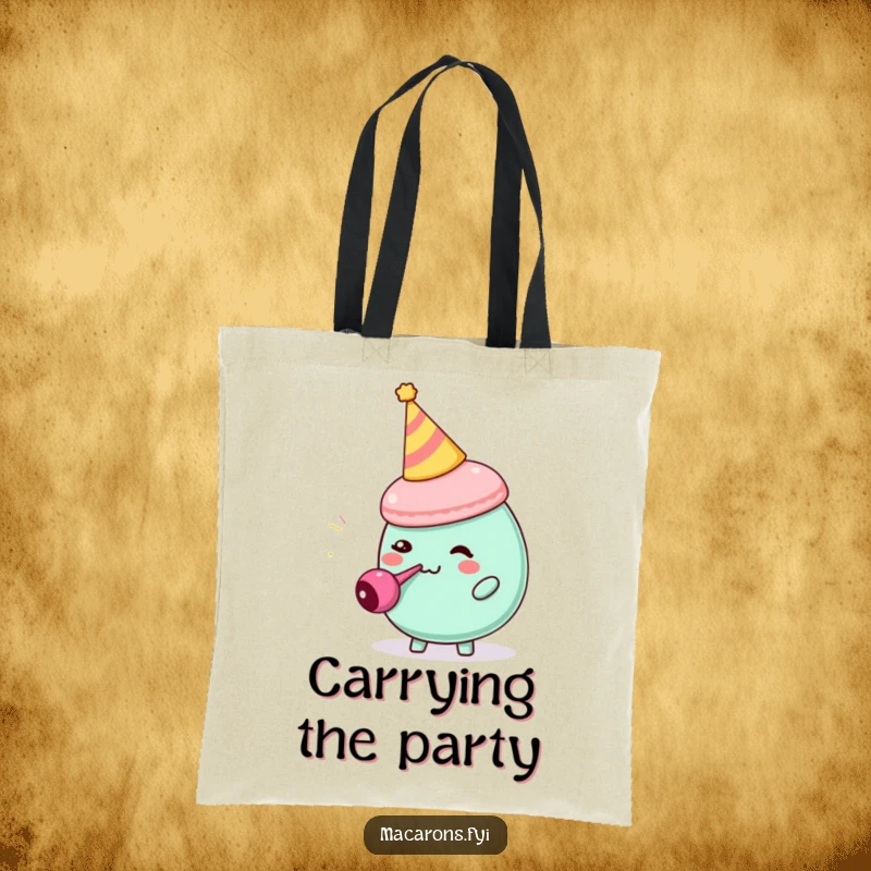 Funny macaron character in a party hat comically blowing a tiny party blower, showcased on a durable tote bag.