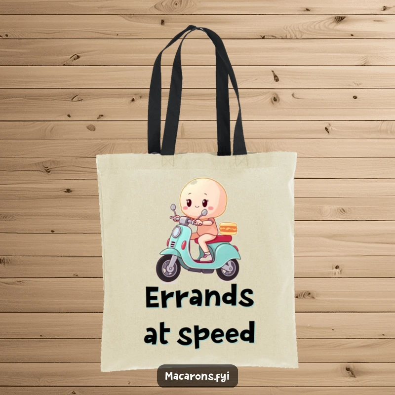 Funny macaron character on a speedy scooter in a triumphant pose, printed on a durable tote bag.