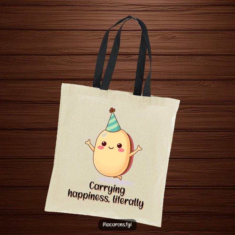 Funny cheerful macaron character wearing a party hat, joyfully jumping, printed on a durable tote bag for stylish, fun carrying.