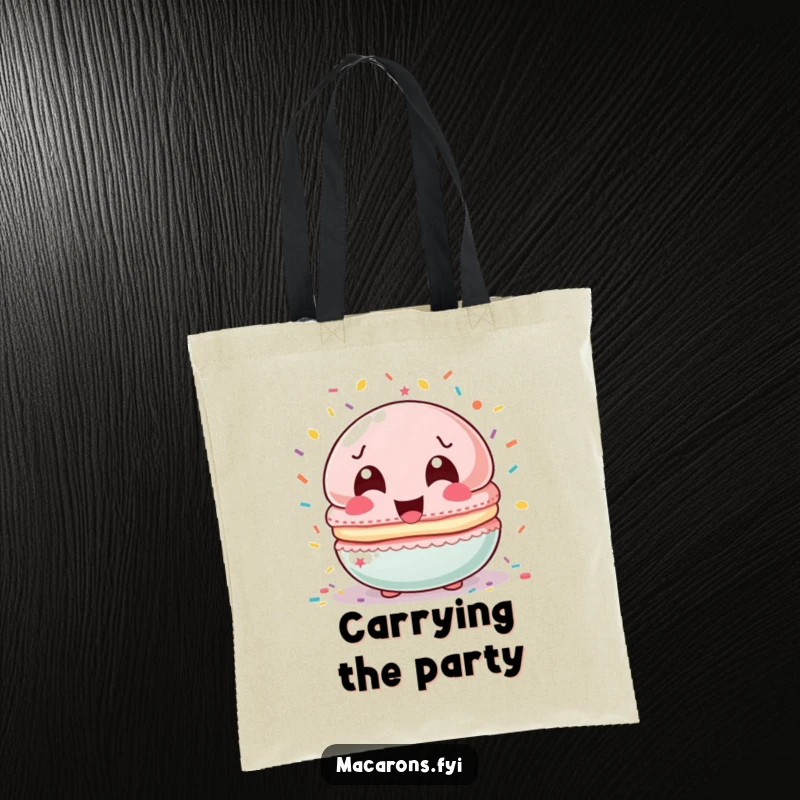 Funny macaron character with laughing eyes, covered in colorful confetti, printed on a durable tote bag.