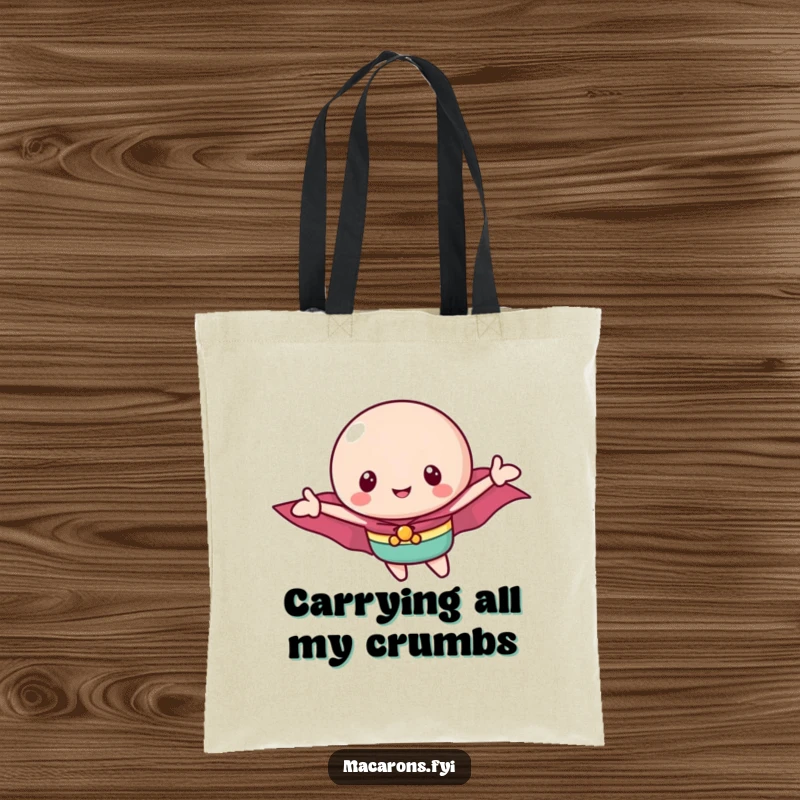 Funny macaron tote bag with a tiny cape macaron character soaring triumphantly, perfect for carrying treasures with sweet style.