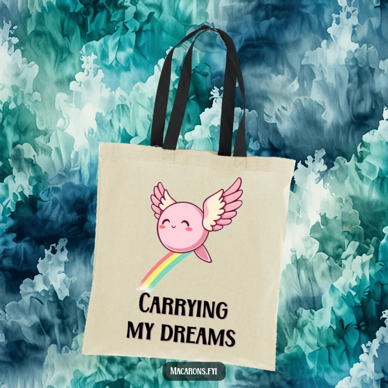Funny Tote Bag: A macaron with angelic wings is depicted soaring, leaving a beautiful rainbow trail, perfect for carrying everyday items.