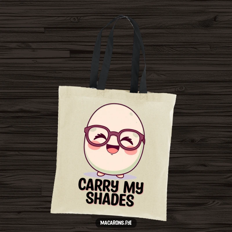 Funny macaron character giggling heartily behind oversized, funny glasses on a durable tote bag, promoting cheerful errands.