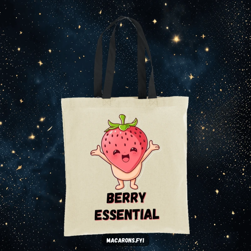 Funny macaron character hugging a giant strawberry on a tote bag, showcasing affectionate and humorous style.